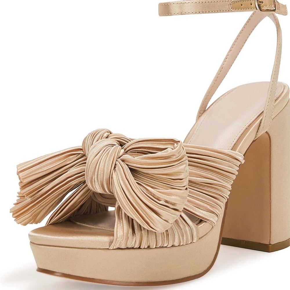 Satin Bow Platform Ankle-Strap Heel in Nude